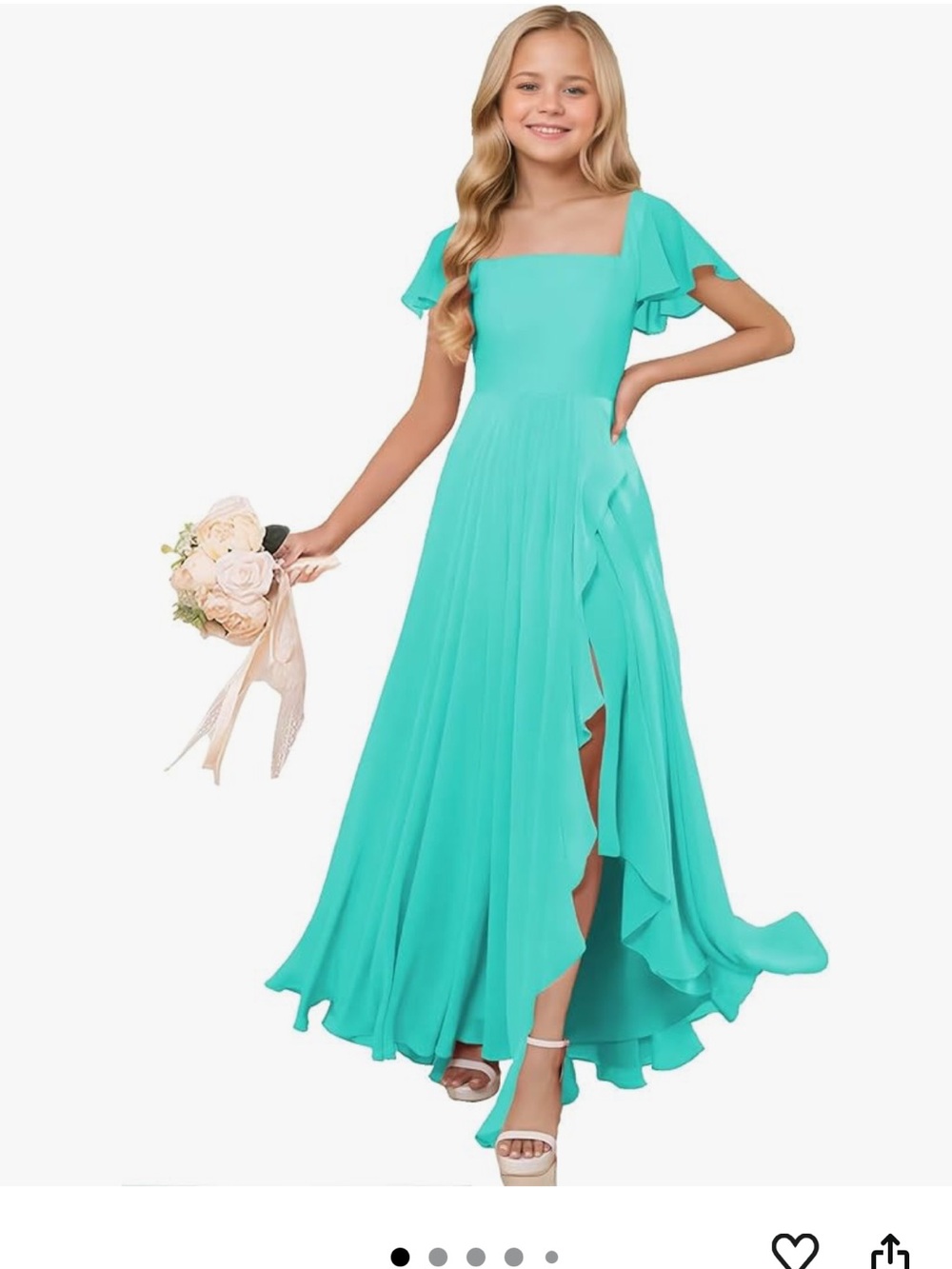 Girls' Teal Square-Neck Flutter Sleeve High-Low Dress. NEW NEVER WORN